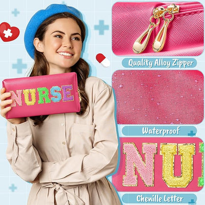 CY2SIDE NURSE Letter Makeup Bag - Colorful Chenille Letter Patch Cosmetic Bag Pink PU Leather Patch Travel Pouch Waterproof Portable Zipper Travel Organizer Case Christmas Gifts for Nurse Women