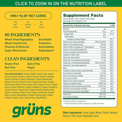 Gruns Adults Super Greens Gummies, Multivitamin Superfood Gummy Bears with Spirulina, Chlorella, Prebiotics & Fiber for Digestive Health, Adaptogens Supplement with 20 Vitamins & Minerals, 28 Count