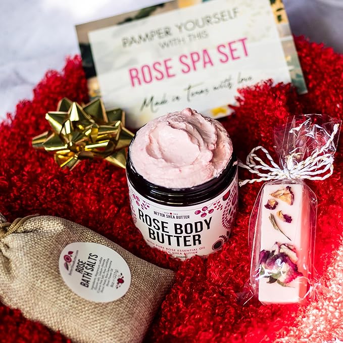 Natural Spa Gift Set for Women, Luxury Bath Set with Rose Bath Salt, Non Toxic Wax Melts and Rose Body Butter – Perfect as New Mom Gifts, Stress Relief Gifts, Gift Box for Women, Self Care Kit