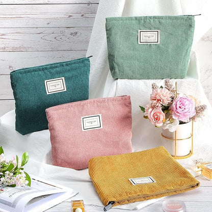 Sanwuta 4 Pack Velvet Makeup Bag Cosmetic Bag for Women Large Capacity Corduroy Pouch Zipper Canvas Travel Toiletry Purse Make up Organizer Case Accessories(Retro Color,Plaid)
