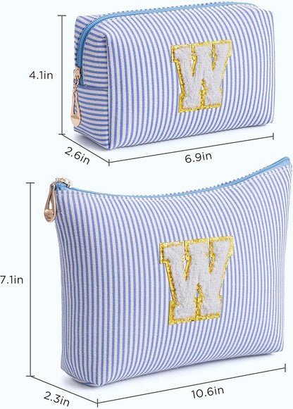 Blue Personalized Initial Makeup Bag Set, Cute Preppy Travel Toiletry Cosmetic Bags, Small Make Up Pouch, Birthday Gifts for Women, Girls, Friends, (W)