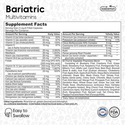 Bariatric Multivitamin with Iron - Easy-to-Swallow Capsule for Post Bariatric Surgery - Post Sleeve and Post Bypass with 42 Fruit & Veggies Blend - 60 Liquid Capsules - 1 Months’ Supply
