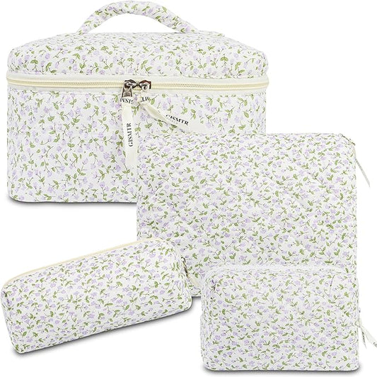 4Pcs Quilted Makeup Bag Set Cute Floral Cosmetic Bag Cotton Coquette Make up Bag Aesthetic Travel Toiletry Bag for Women Girls