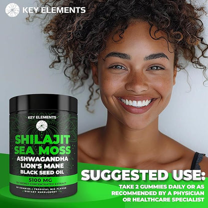 Organic Shilajit Gummies with Sea Moss Gummies - Shilajit Supplement for Immune Support - Pure Himalayan Shilajit and Ashwagandha with Sea Moss and Shilajit, Lion’s Mane Extract and Black Seed Oil