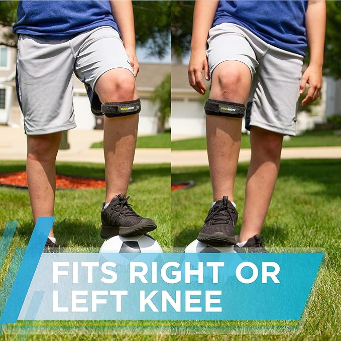 BraceAbility Kids Knee Band - Youth Patellar Tendon Support Strap Child Osgood Schlatter Brace for Jumpers Knee, Patella Tendonitis, Sports Wrap for Running, Soccer, Volleyball, Basketball (XS)