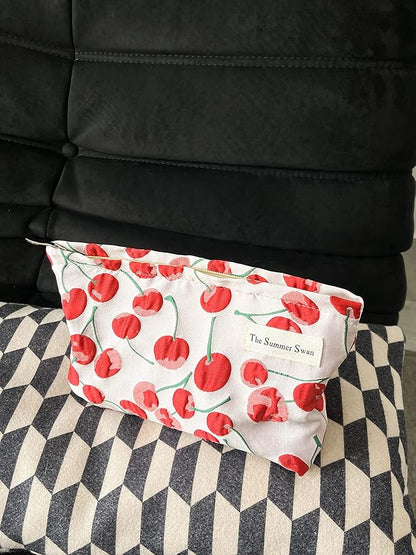 The Summer Swan | Large Aesthetic Makeup Bag | Preppy Skincare Organizer | Floral Mid-day Clutch | Period Kit Hygiene Bag (Classic Red Cherry)