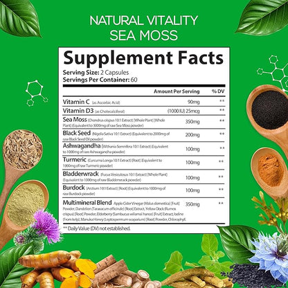 Sea Moss Black Seed Oil Ashwagandha Turmeric Bladderwrack & Burdock with Vitamin C & D3, Sambucus Elderberry, Apple Cider Vinegar and Dandelion Extract, 8 in 1 Supplement, 1400 mg