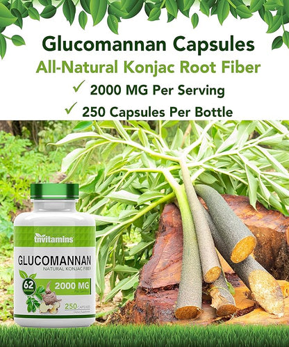 Glucomannan Capsules 2000 MG - 250 Count | Natural Konjac Root Fiber Extract Powder Supplement | Soluble, Dietary, & Digestive Fiber Pills | Produced in The USA | Non-GMO & Gluten Free