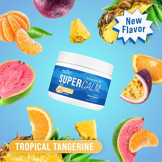 Supercalm Powdered Drink Mix, Tropical Tangerine, L Theanine, Ksm-66 Ashwagandha, Magnesium Glycinate, Vitamin D 3, Supplements for Relaxation & Focus, Natural, No Sugar, Non GMO, 30 Srvg