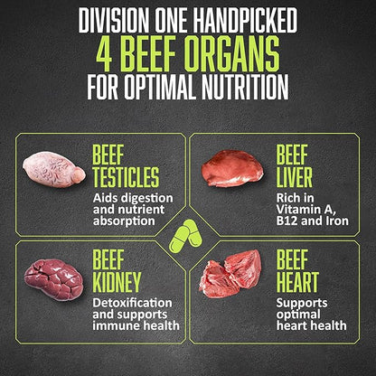 Division One Beef Organ Supplement - Primal Blend with Liver, Heart, Kidney, Beef Liver Supplement Grass Fed, Organ Meat Supplements for Humans, Non-GMO, 120 Caps.