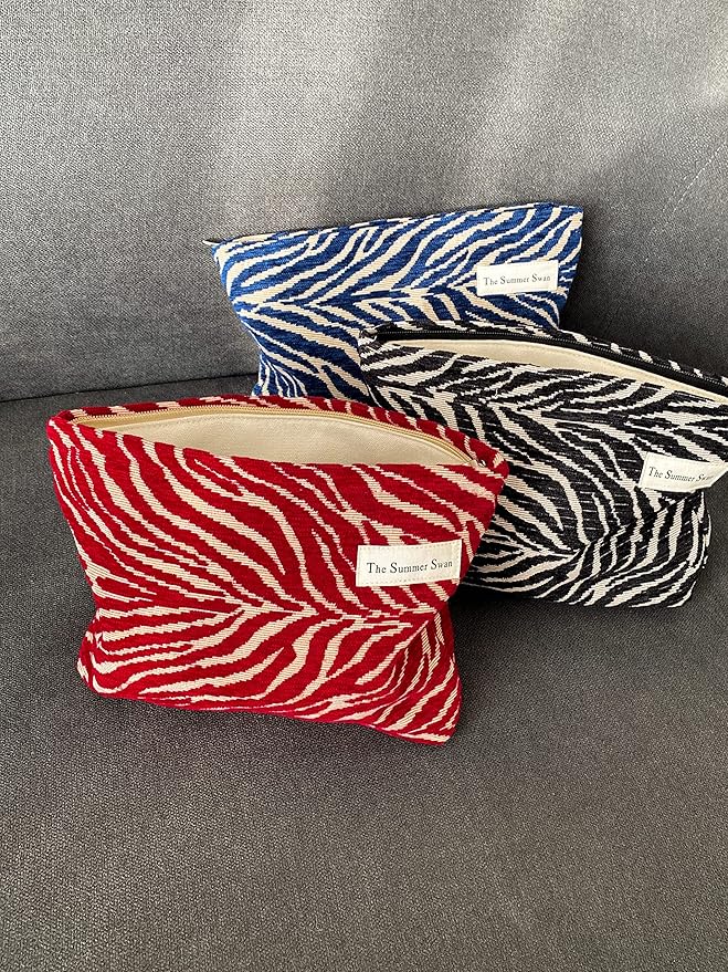 The Summer Swan | Large Aesthetic Floral Mid-day Clutch Period Kit Hygiene Skincare Cute Makeup Bag (Velvet Zebra Print Red)