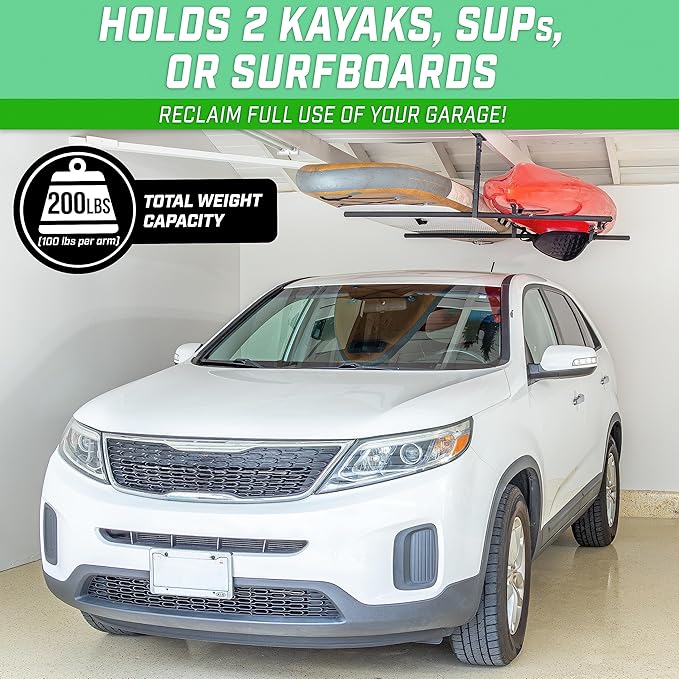 GoSports Kayak Rack for Garage Ceiling Mount - Adjustable Storage Hangers for 2 Kayaks, SUPs, or Surfboards