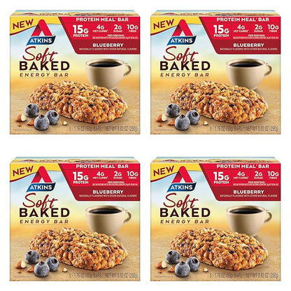 Atkins Blueberry Soft Baked & Greek Yogurt Protein Meal Bars, 15g Protein, 2-3g Sugar, High Fiber, Low Carb, 4 Packs (20 Bars) & 5 Count