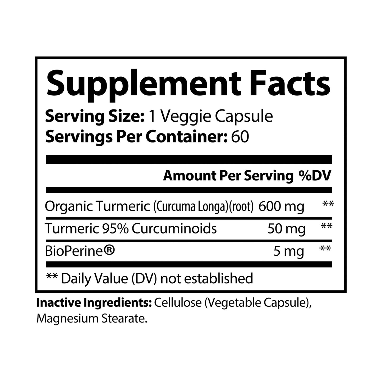 HBS, Turmeric with BioPerine® (Black Pepper Fruit Extract) Supplement (60 Vegetable Capsules)