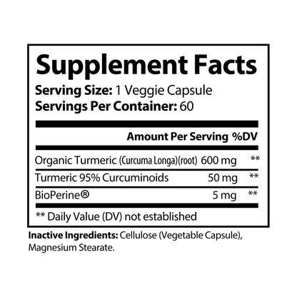 HBS, Turmeric with BioPerine® (Black Pepper Fruit Extract) Supplement (60 Vegetable Capsules)